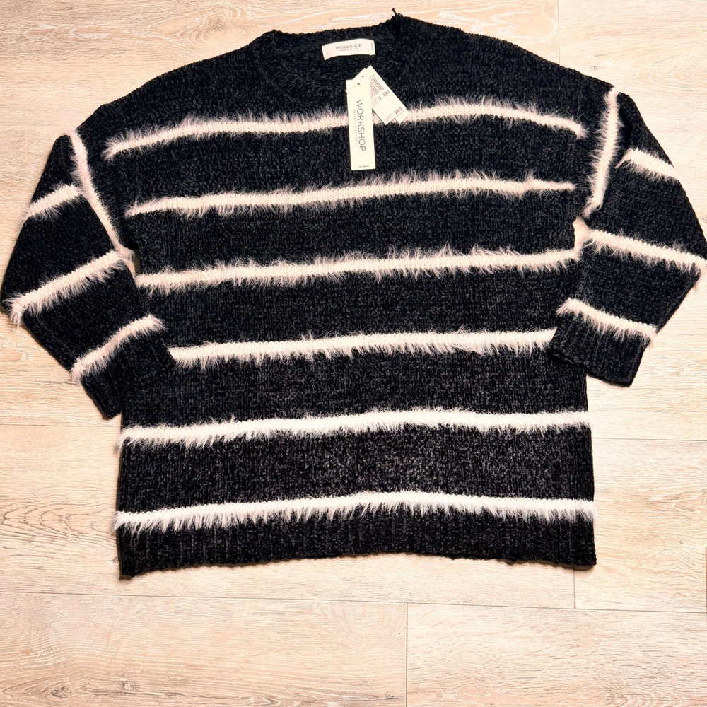 NWT WORKSHOP Republic Black Striped Fuzzy Knit Sweater Plus Size 1X Cozy Warm‎